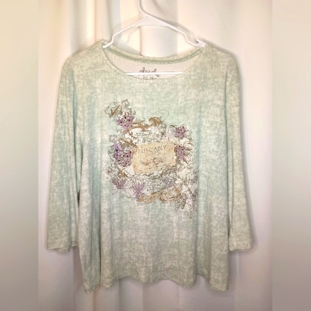 Nicole Miller Y2K Parisian Graphic Baby T Shirt Top 2X Floral Green Cottagecore